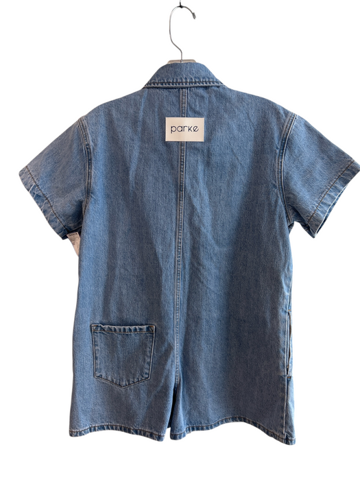 Parke Size XS Light Wash Cotton Front Pocket Button Down Collar Denim Romper Light Wash / XS