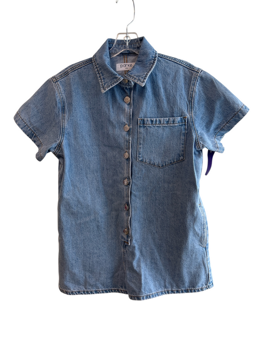 Parke Size XS Light Wash Cotton Front Pocket Button Down Collar Denim Romper Light Wash / XS