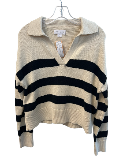 Velvet Size XS Cream & Black Cotton Wide Stripes V Neck Collared Sweater Cream & Black / XS