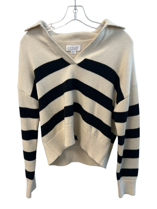 Velvet Size XS Cream & Black Cotton Wide Stripes V Neck Collared Sweater Cream & Black / XS