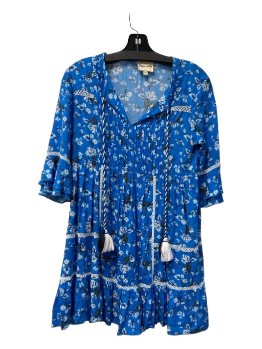 Playa Lucila Size XS Blue & Multi Cotton Floral Pintuck Half Sleeve Dress Blue & Multi / XS