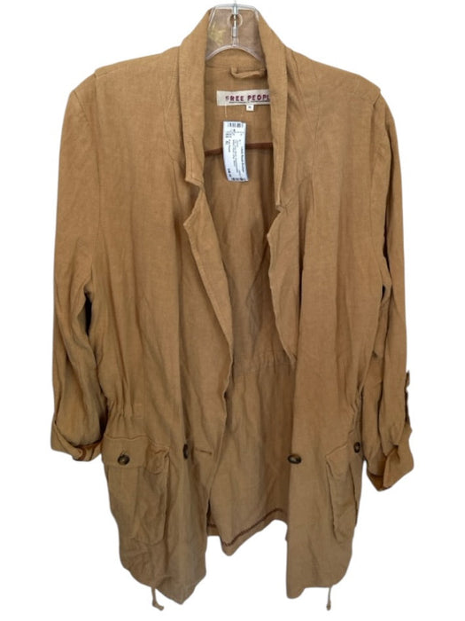 Free People Size XL Tan Linen Blend Drawstring Waist Button Close Long Jacket Tan / XL