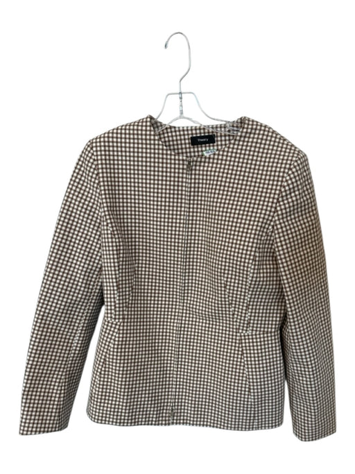 Theory Size 10 Tan & White Cotton Blend Shoulder Pads Grid Full Zip Jacket Tan & White / 10