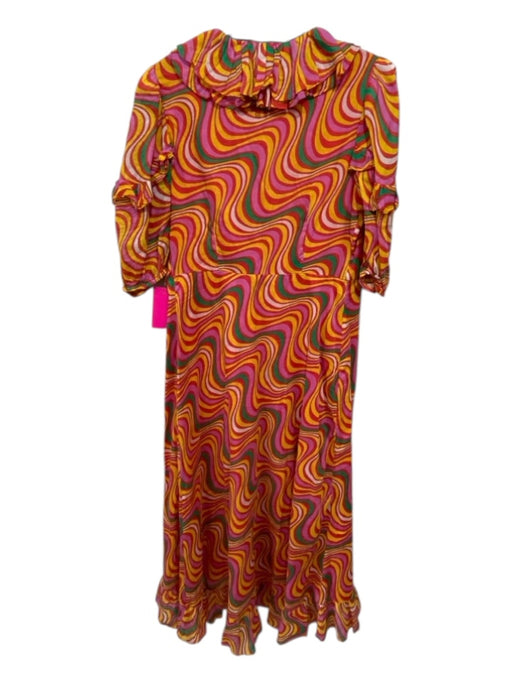 Rhode Size S Red, Pink, Yellow Cotton Half Puff Sleeve Ruffle Trim Midi Dress Red, Pink, Yellow / S