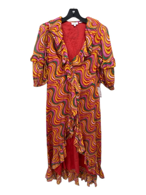 Rhode Size S Red, Pink, Yellow Cotton Half Puff Sleeve Ruffle Trim Midi Dress Red, Pink, Yellow / S