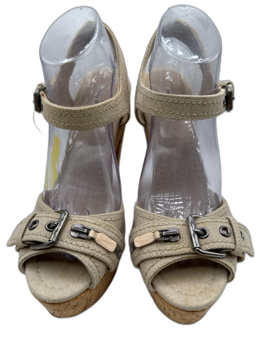 Miu Miu Shoe Size 40 Beige textile upper Silver Tone Accent Ankle Buckle Sandals Beige / 40