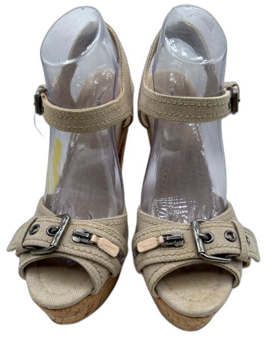 Miu Miu Shoe Size 40 Beige textile upper Silver Tone Accent Ankle Buckle Sandals Beige / 40