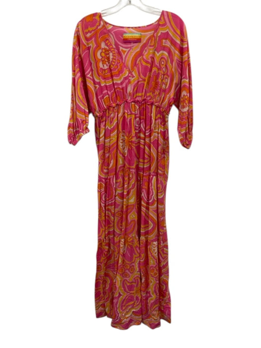 Trina Turk Size M Pink & Yellow Cotton Abstract Floral 3/4 Balloon Sleeve Dress Pink & Yellow / M