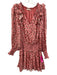 Ramy Brook Size S Pink, White & Red Silk Blend Long Balloon Sleeve V Neck Dress Pink, White & Red / S
