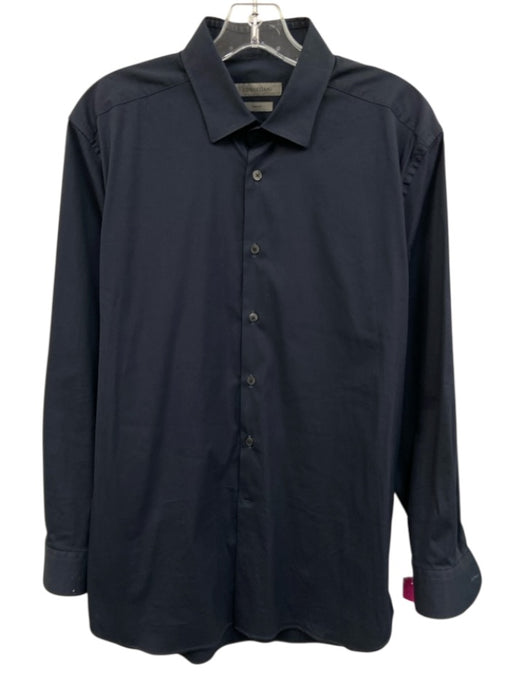 Corneliani Size 17 Navy Cotton Solid Button Up Men's Long Sleeve Shirt Navy / 17