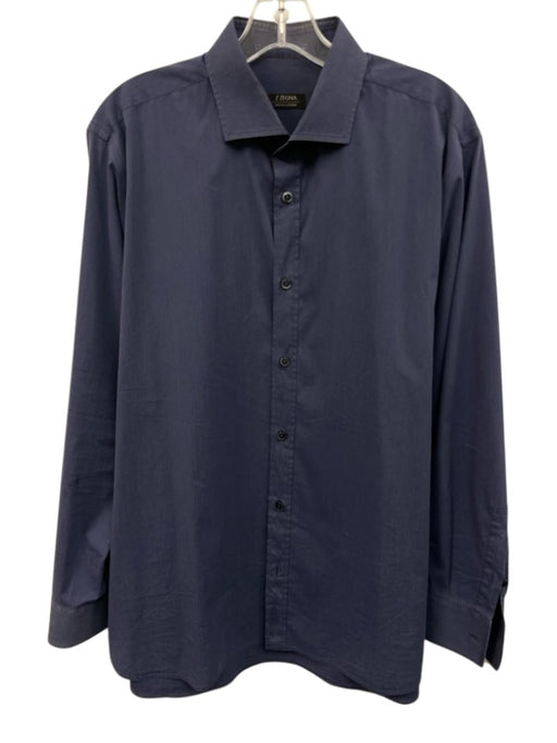Zegna Size XL Blue Cotton Solid Button Up Men's Long Sleeve Shirt Blue / XL