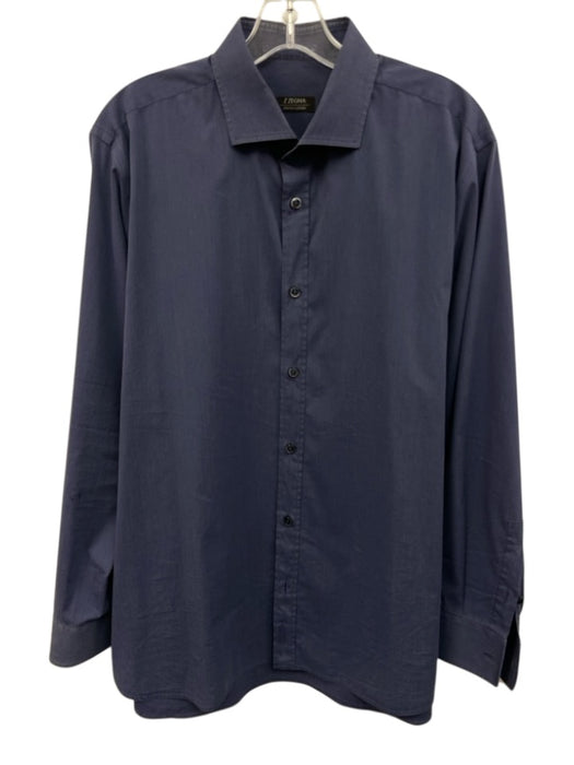 Zegna Size XL Blue Cotton Solid Button Up Men's Long Sleeve Shirt Blue / XL