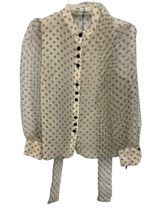 Zara Cream & Black Polyester Organza Polka Dot Button Down Top Cream & Black