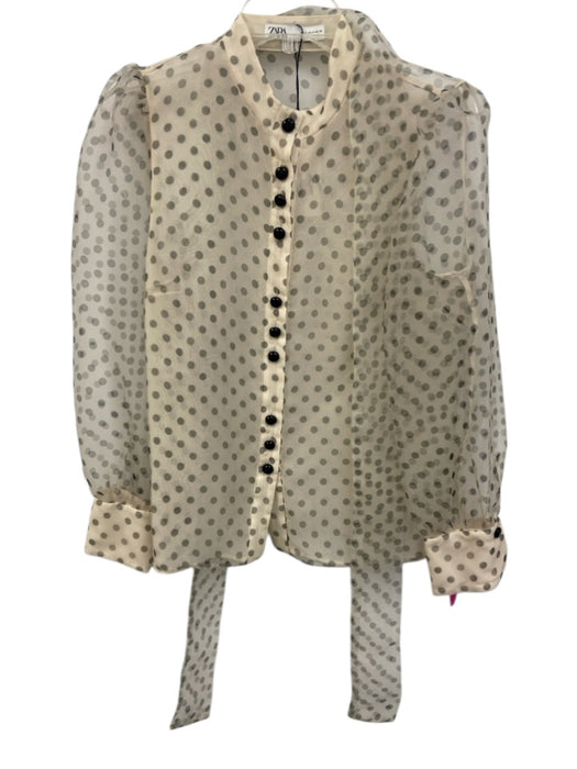 Zara Cream & Black Polyester Organza Polka Dot Button Down Top Cream & Black