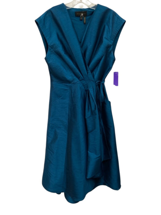 Donna Karan Size 8 Blue Polyester Cap Sleeve Sheen Faux Wrap Tea Length Dress Blue / 8