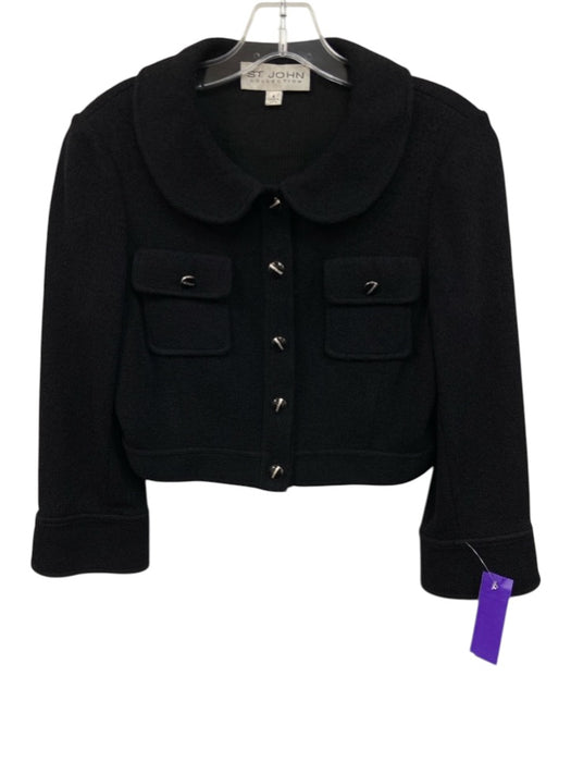St. John Collection Size 4 Black Wool Knit Peter Pan Collar Button Up Jacket Black / 4