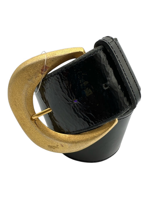 St John Black & Gold Patent Leather Brushed Metal Oversized Buckle Belts Black & Gold / P
