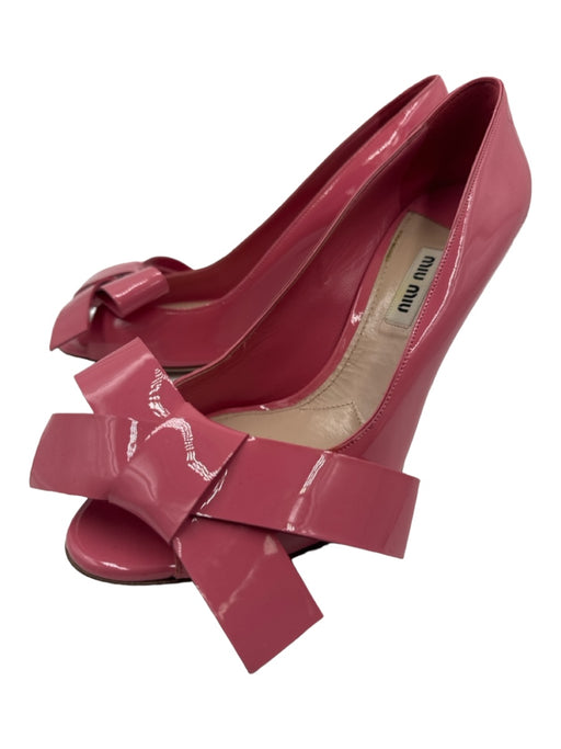 Miu Miu Shoe Size 37.5 Pink Patent Leather Bow Peep Toe Skinny Heel Pumps Pink / 37.5