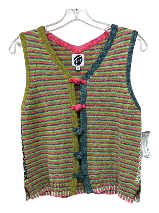 YanYan Knits Size M Green, Pink, Blue Cotton Stripe Toggle Buttons Vest Top Green, Pink, Blue / M