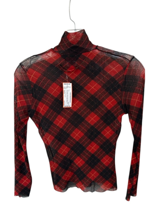 Jean Paul Gaultier Size XS/S Red & Black Mesh Mock Neck Plaid Long Sleeve Top Red & Black / XS/S