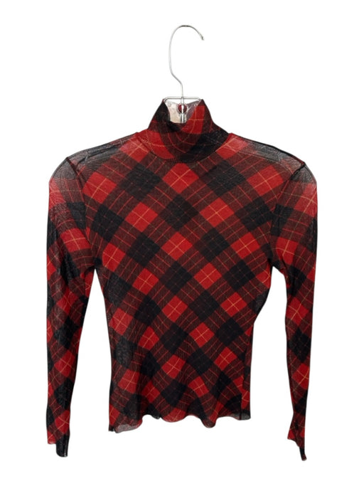Jean Paul Gaultier Size XS/S Red & Black Mesh Mock Neck Plaid Long Sleeve Top Red & Black / XS/S