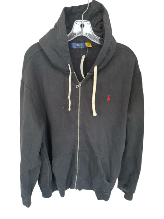 Polo Black Cotton Blend Drawstring Zip UP Pockets Men's Hoodie Black / XXL