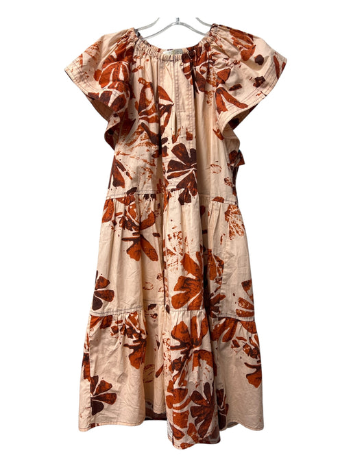 Marie Oliver Size Small Peach & Orange Cotton Abstract Floral Elastic Neck Dress Peach & Orange / Small