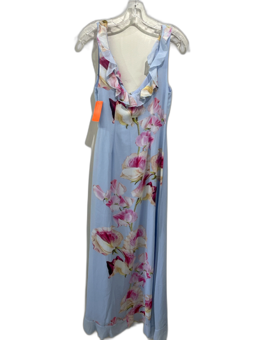 Runaway The Label Size M Light Blue & Pink Polyester Floral V Neck Ruffle Dress Light Blue & Pink / M