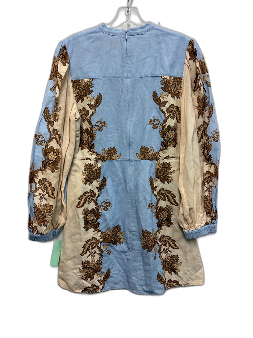 Anna Cate Size S Light Blue, Brown & Cream Cotton & Linen Botanical Print Dress Light Blue, Brown & Cream / S