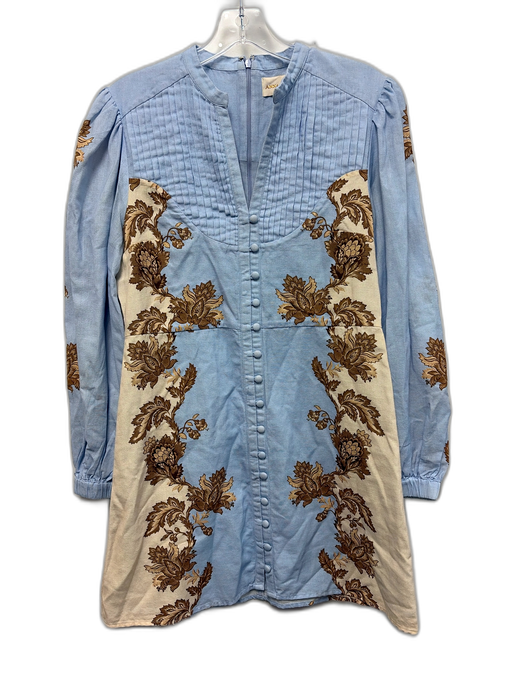 Anna Cate Size S Light Blue, Brown & Cream Cotton & Linen Botanical Print Dress Light Blue, Brown & Cream / S