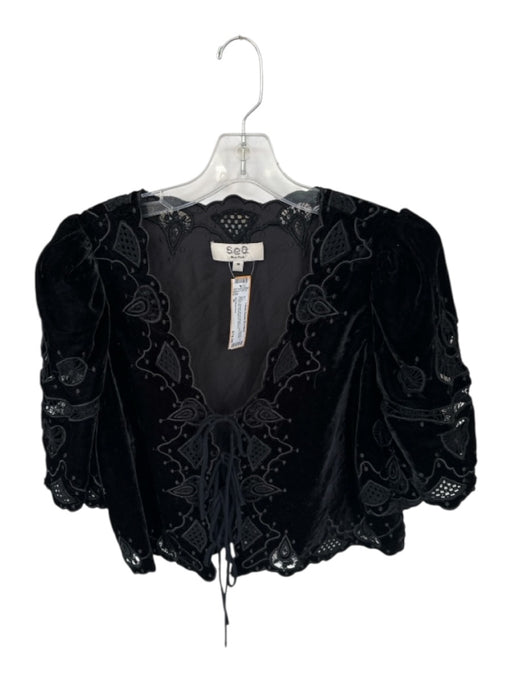 Sea New York Size M Black Velvet Short Sleeve Lace Detail Front Tie Top Black / M