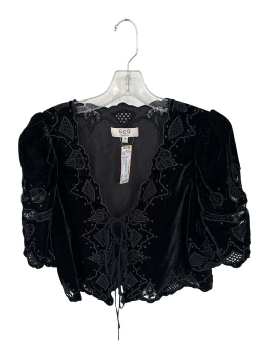 Sea New York Size M Black Velvet Short Sleeve Lace Detail Front Tie Top Black / M