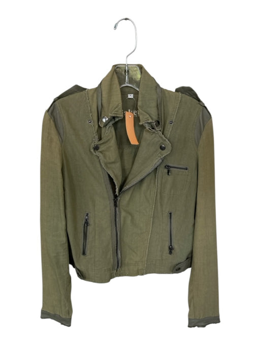 Jakett Size S Olive Green Cotton Raw Hem Faux Leather Accents Moto Jacket Olive Green / S
