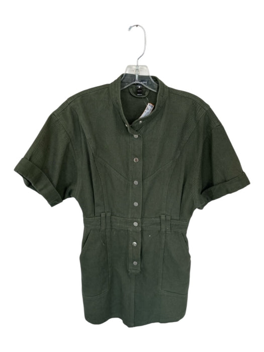 Aqua Size S Army Green Cotton Short Cuff Sleeve Snap Button Front Pockets Dress Army Green / S