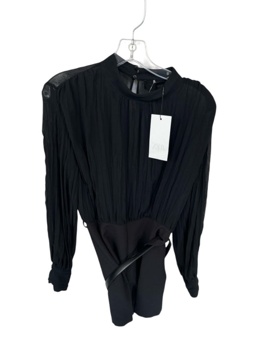 Zara Size S Black Polyester Long Sleeve Crinkle Open Back Belt Inc Dress Black / S