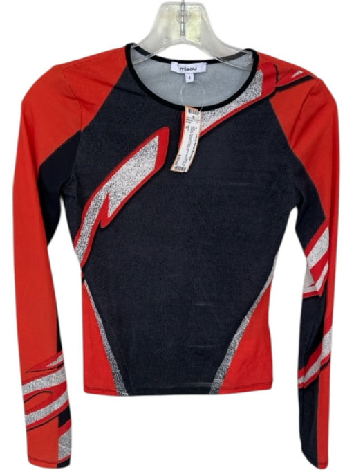 Miaou Size S Red & Charcoal Print Nylon Blend Long Sleeve Abstract Top Red & Charcoal Print / S