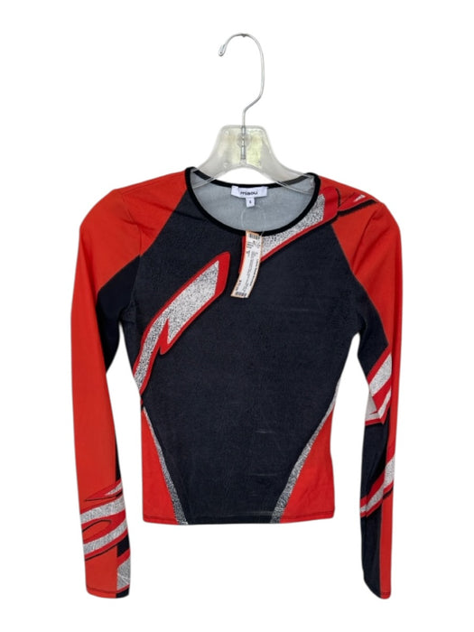 Miaou Size S Red & Charcoal Print Nylon Blend Long Sleeve Abstract Top Red & Charcoal Print / S