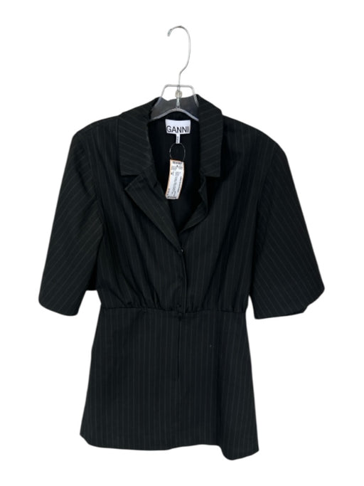 Ganni Size 38 Black & Green Cotton 3/4 Balloon Sleeve Pinstripe Collar Dress Black & Green / 38