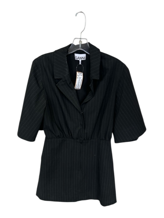 Ganni Size 38 Black & Green Cotton 3/4 Balloon Sleeve Pinstripe Collar Dress Black & Green / 38