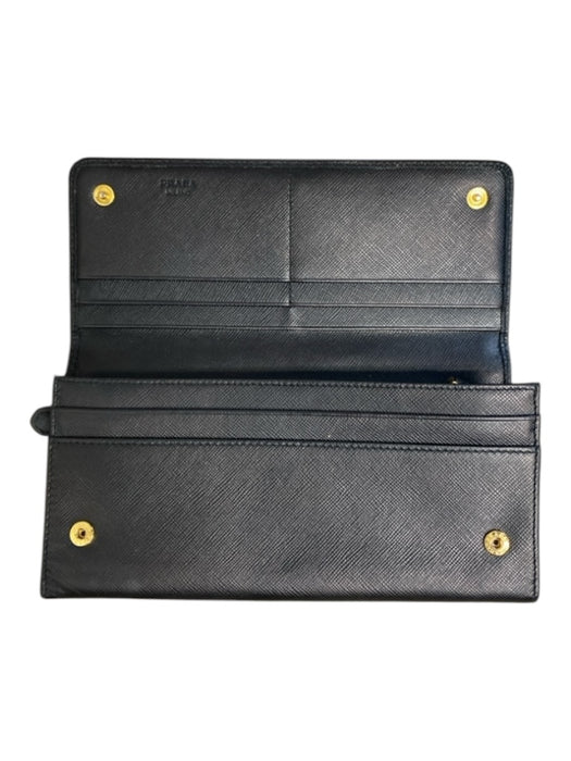 Prada Black Saffiano Leather Bi-Fold Gold Hardware Snap Closure Wallets Black