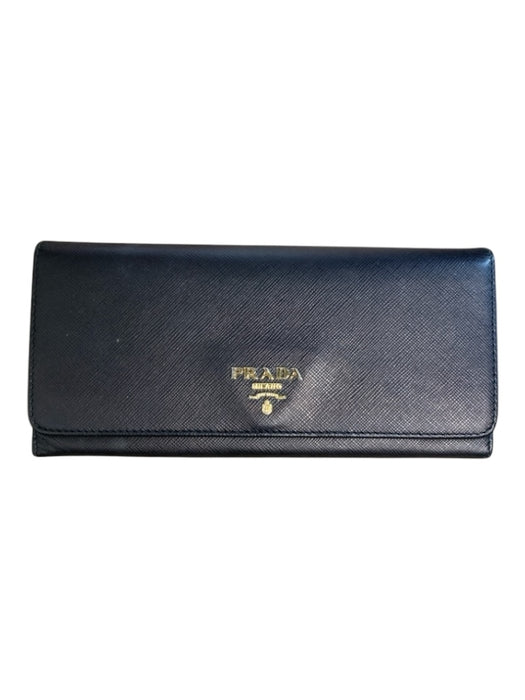 Prada Black Saffiano Leather Bi-Fold Gold Hardware Snap Closure Wallets Black