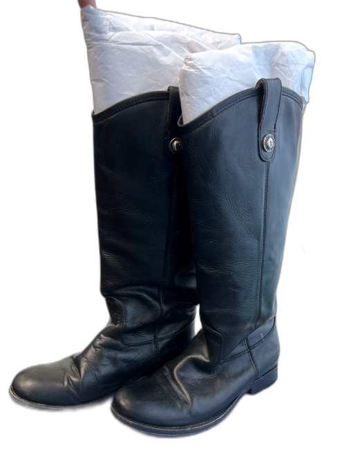 Frye Shoe Size 7 Black Leather Extended Calf Pull Tab Round Toe Flat Boots Black / 7