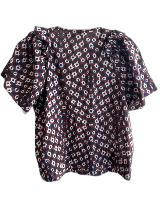 Sea New York Size 6 Brown 100% Cotton Ruffle Accent Short Sleeve V Neck Top Brown / 6