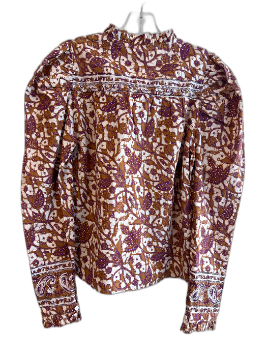 Love The Label Size XS Brown & Purple Cotton Long puff sleeve Tie V Neck Top Brown & Purple / XS