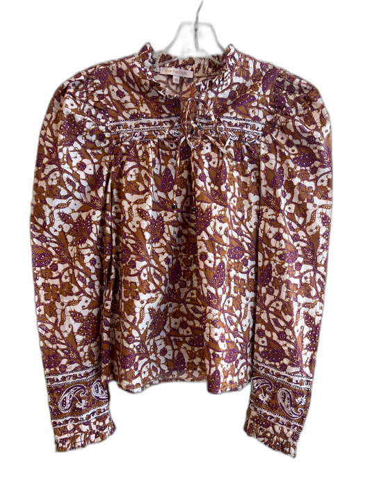 Love The Label Size XS Brown & Purple Cotton Long puff sleeve Tie V Neck Top Brown & Purple / XS