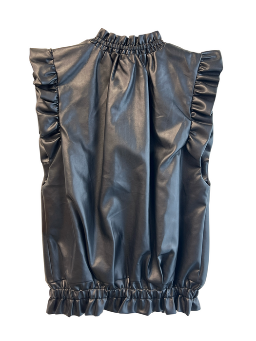 Joh. Size XS Black PU Leather Ruffled Pockets Sleeveless Jacket Black / XS