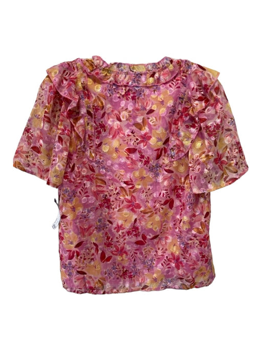 Greylin Size XS Pink & Yellow Polyester Floral Ruffle Neckline Short Sleeve Top Pink & Yellow / XS