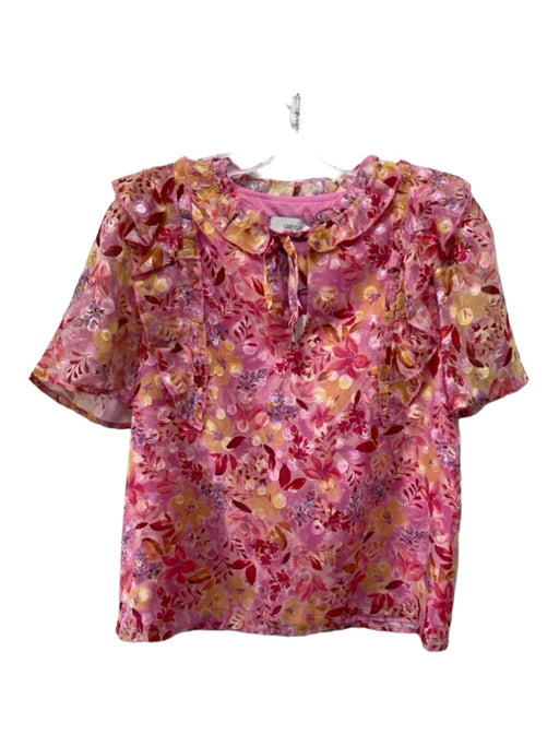 Greylin Size XS Pink & Yellow Polyester Floral Ruffle Neckline Short Sleeve Top Pink & Yellow / XS