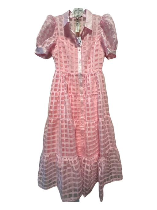 English Factory Size S Pink Polyester Short Balloon Sleeve Grid Belted Dress Pink / S