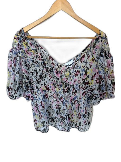 Ganni Size 36 White & Maroon Polyester Short Balloon Sleeve Acordian Pleated Top White & Maroon / 36